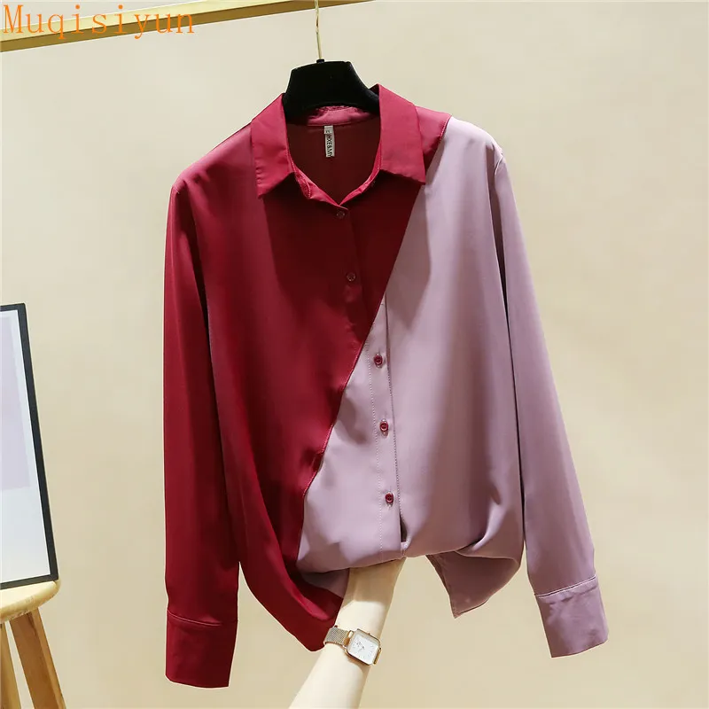 Koreaanse stijl lente herfst mode shirts voor vrouwen kraag kraag draaien lange mouwen tweekleurige shirt tops dames blouses 210428