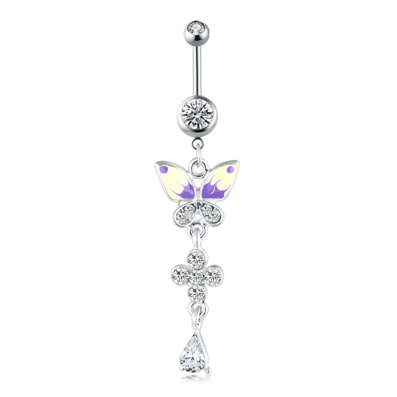 Butterfly Dangle Crystal Navel Button Rings Stainless Steel Belly Ring Ear Barbell Body Jewelry Piercing Nombril