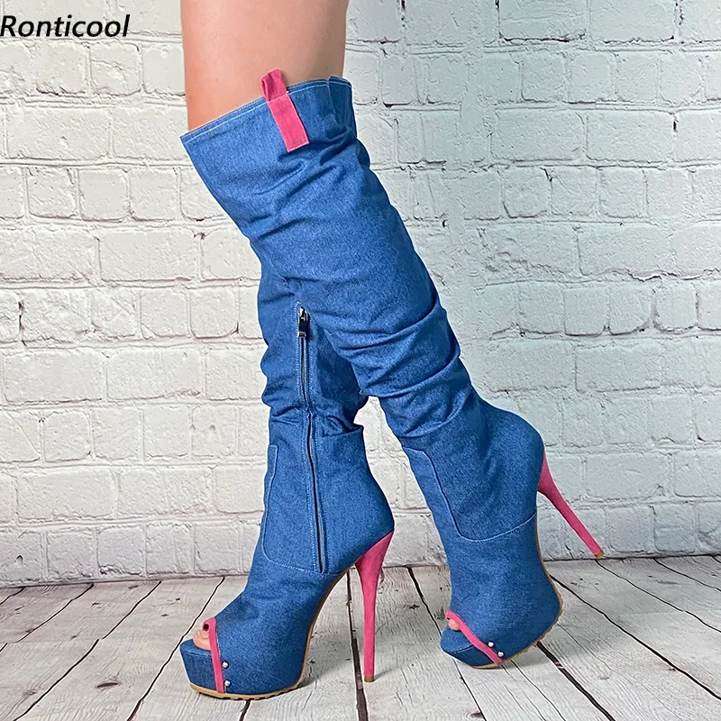 Rontic handgjorda kvinnor vårplattform knä stövlar denim stilett heels peep toe ganska blå casual skor plus US storlek 5-20