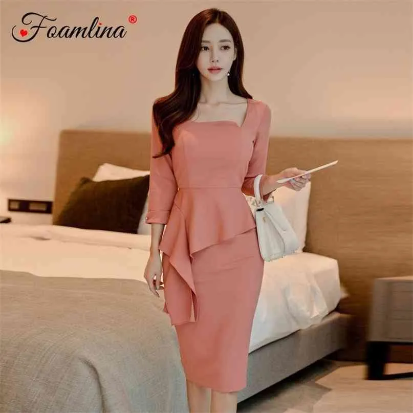 Abito aderente rosa stile coreano da donna elegante Autunno manica a 3/4 volant irregolari Casual OL Matita da lavoro 210603