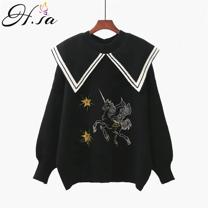 Roupa de inverno Mulheres Kawaii Camisola e Pull Jumpers Preto Branco Dos Desenhos Animados Unicórnio Bordado Femme Hiver 210430