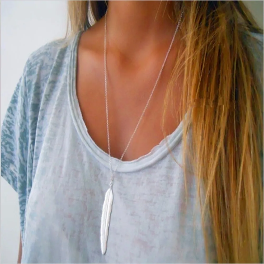 Fashion Womens Vintage Long Necklace Jewelry Gold/silver Color Simple Feather Pendant Necklaces Gifts