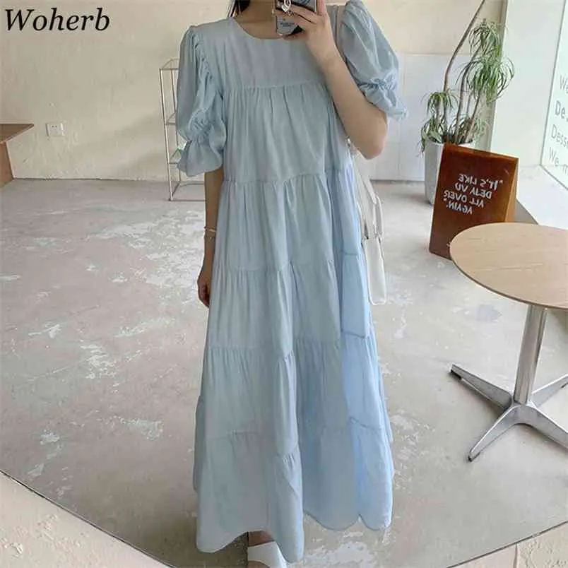 Women Casual All Match Dress Summer Puff Sleeve High Waist Vintage Dresses Korean Ladies Elegnat Office Robe Vestidos 210519