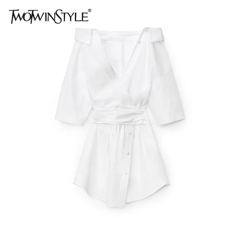 Mini vestido blanco casual para mujeres con cuello en V media manga de cintura alta vestidos de camisa irregular ropa de moda femenina 210520