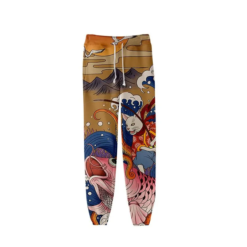 Pantaloni da uomo Giapponese Ukiyoe Cat Pesca Pesca 3D Stampa Jogger Harem Pant Casual Sport Casual Hip Hop Uomo Donne Lunga Allentato Harajuku Pantaloni Fitness