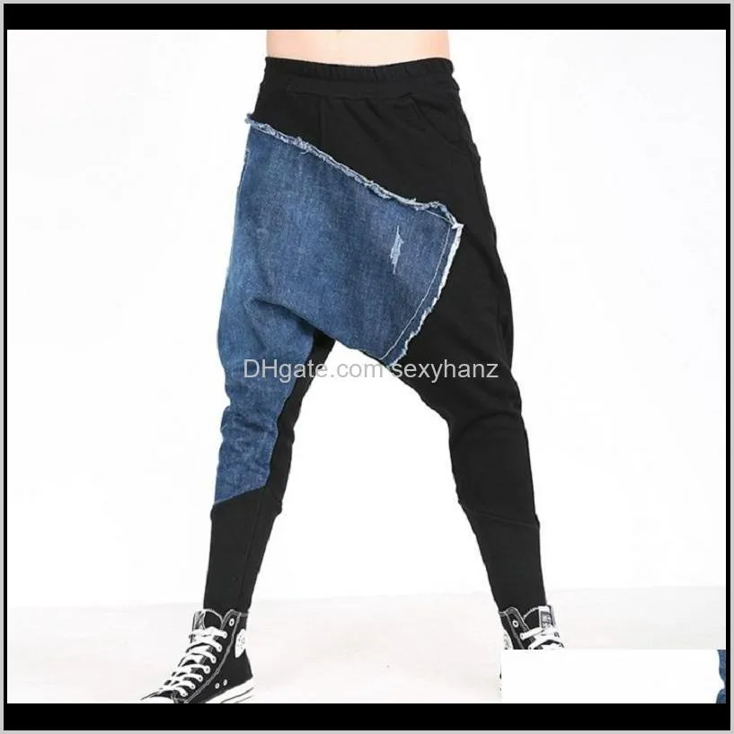 hip hop dance baggy joggers elastic waist harem denim pants men hanging crotch trousres men low drop crotch loose jeans fsh291