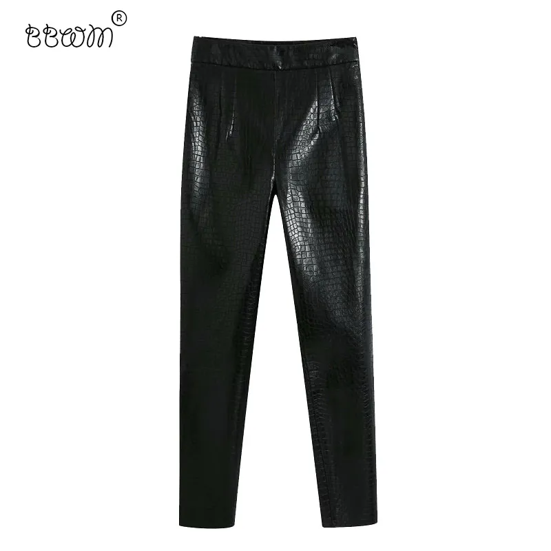 BBWM Kobiety Chic Moda Faux Skórzana Płaszcze Spodnie Vintage Wysokiej Talii Bocznej Zipper Spodnie kostki Pantalones Mujer 210520