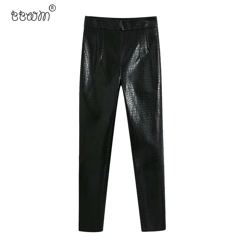 Bbwm kvinnor chic mode faux läder mantel byxor vintage hög midja sida dragkedja ankel byxor pantaloner mujer 210520