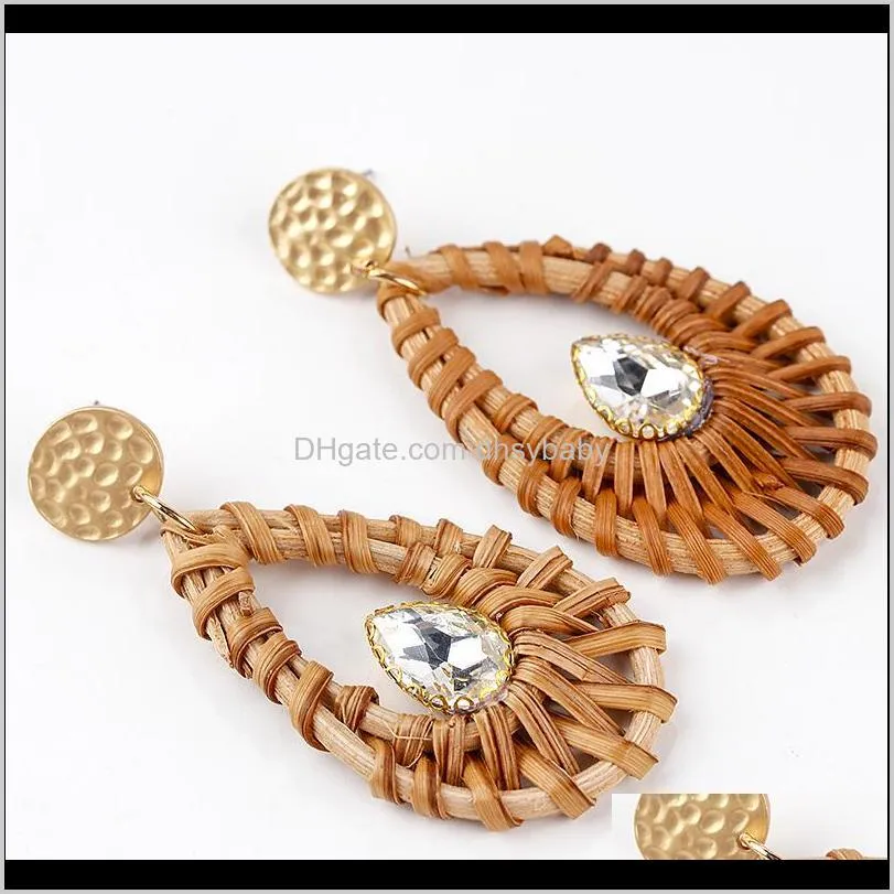 bohemia crystal wooden rattan straw weave water drop earrings for women natural handmade round rattan braid earrings gift