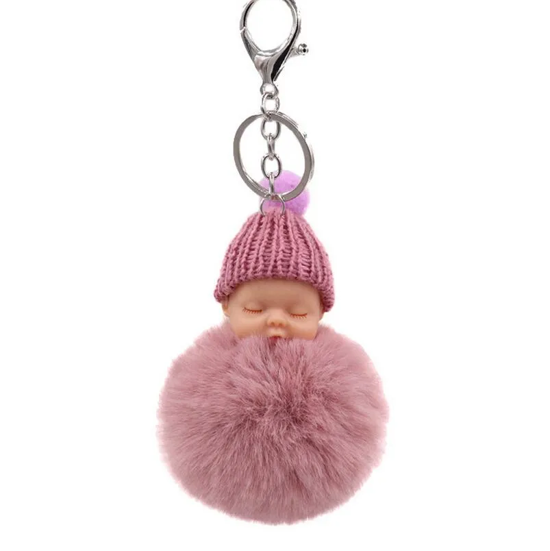 甘い寝ている赤ちゃん人形のキーチェーン女性バッグのおもちゃキーリングふわふわのPOMの毛皮の豪華なキーホルダー