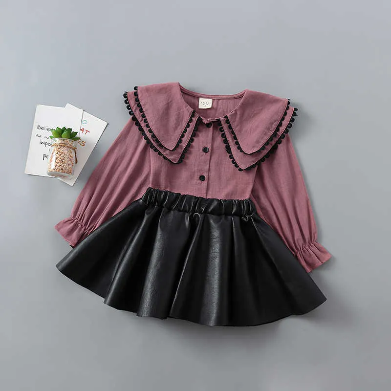 2-7 Jahre hochwertige Mädchenkleidung Set Frühling Herbst Mode solides Hemd + Lederrock Kind Kinder 210615
