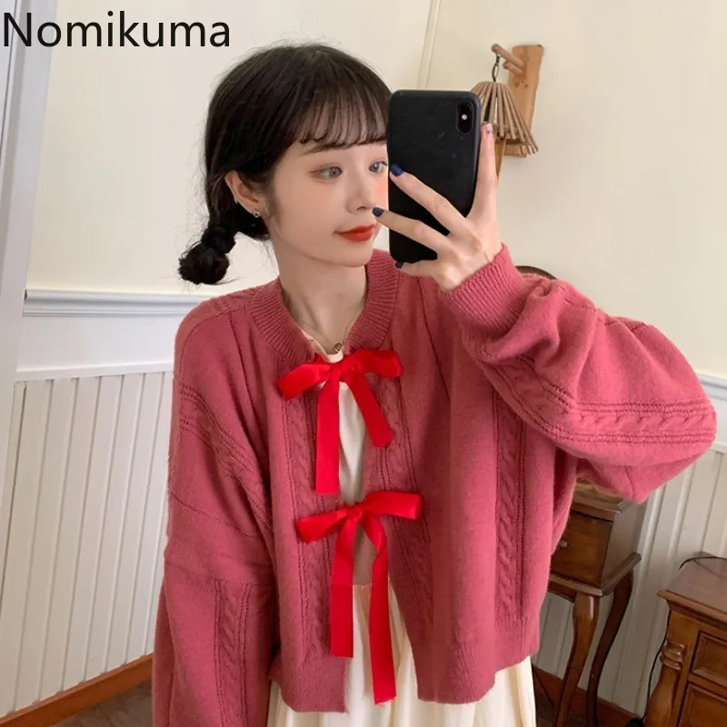 Nomikuma Korean Bow Tie Short Sweater Coat Causal Long Sleeve O-neck Knitted Cardigan Autumn Winter Sweet Knitwear 6D130 210427