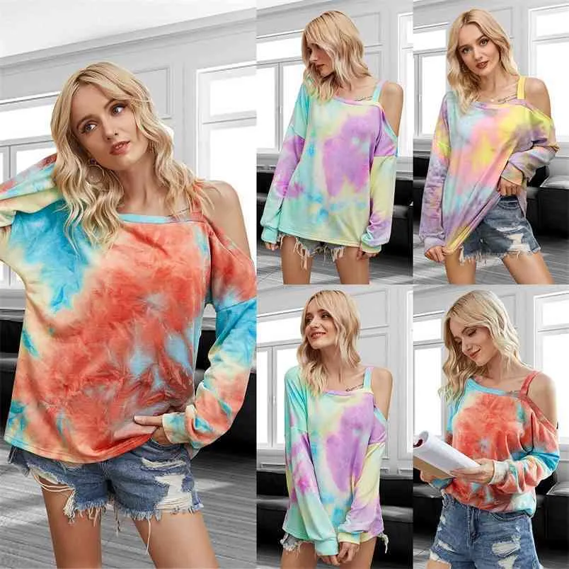 Dames Tie Dye Gedrukt Onregelmatige Hals T-shirt Herfst Fashion Casual Losse Schouder Opknoping Top Lange Mouw Pullover 210522