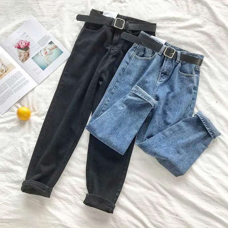 Koreansk hög midja jeans kvinnor solid bälte harem byxor lös avslappnad plus storlek hög gata denim byxor pantalon femme med bälte 210616