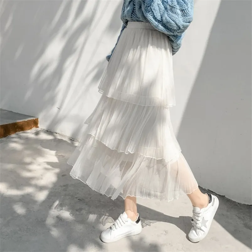 Arrival Spring Summer Korea Fashion Women High Waist Pleated Skirt Sweet Cute Mesh White Long Skirts Femme Saia S742 210512