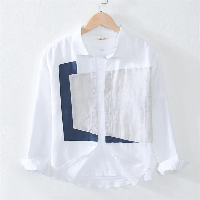 2028 Men Summer Fall Japan Style Reprod Down Collar Geométrie à manches longues Patchwork Shirts décontractés en lin de haute qualité 210730