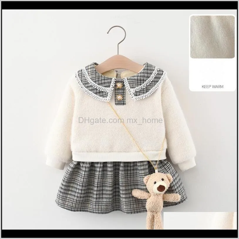 new children`s dress classic fashion college style sticker stitching sweater dress plus velvet warm design luxury two-piece 