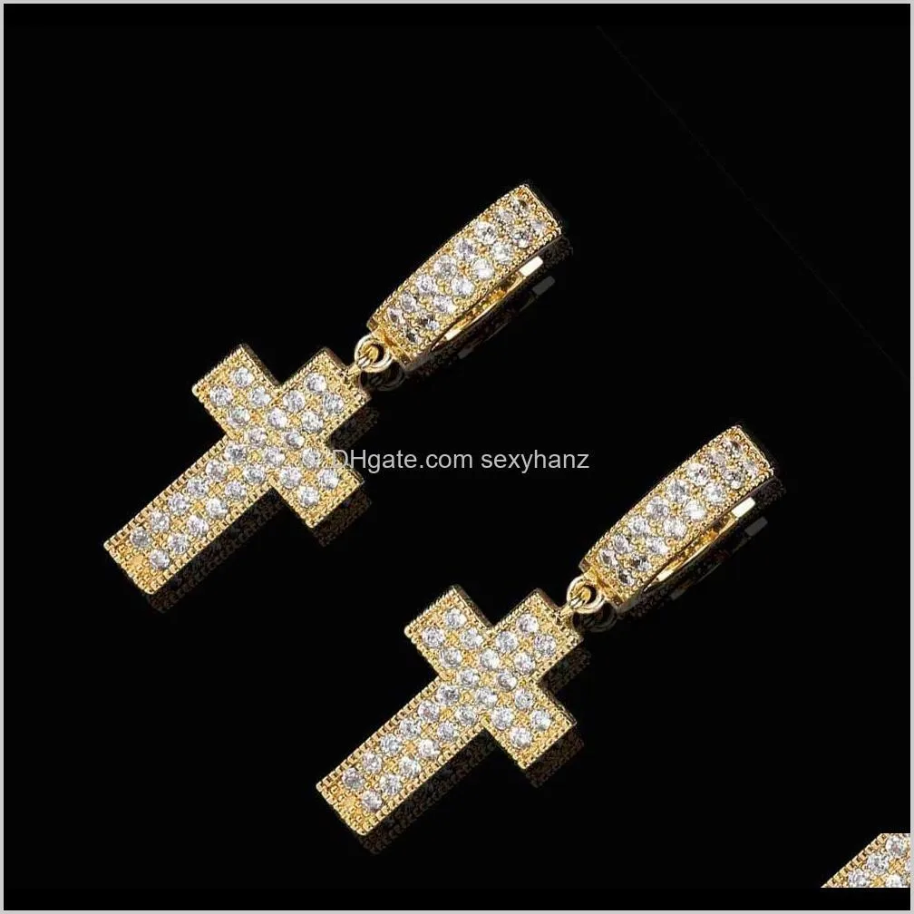 double row full diamond hip hop earrings with zircon cross earrings