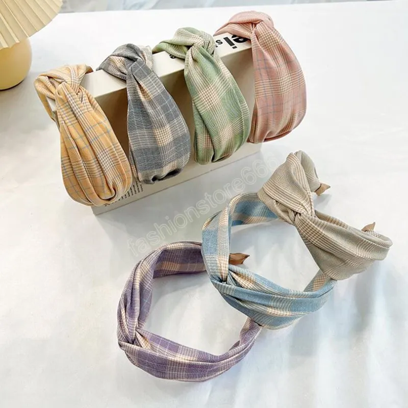 Fashion Women Headband Wide Side Cross Knot Turban Fresh Color Plaid Hairband Soft Hair Accessories Wholesale