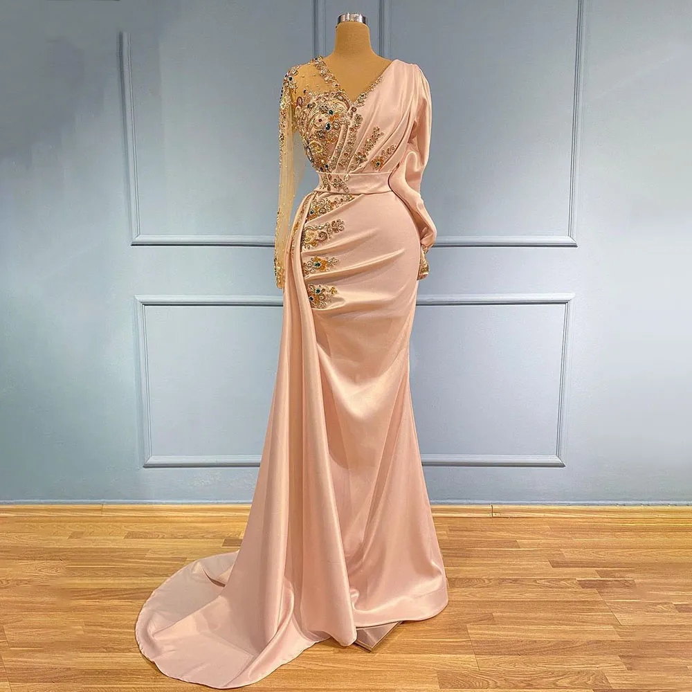 Blush Long Sleeve Prom Pageant Dresses 2022 Beaded Lace Floral Stain Mermaid Arabic Aso Ebi Evening Reception Gown Vestidos