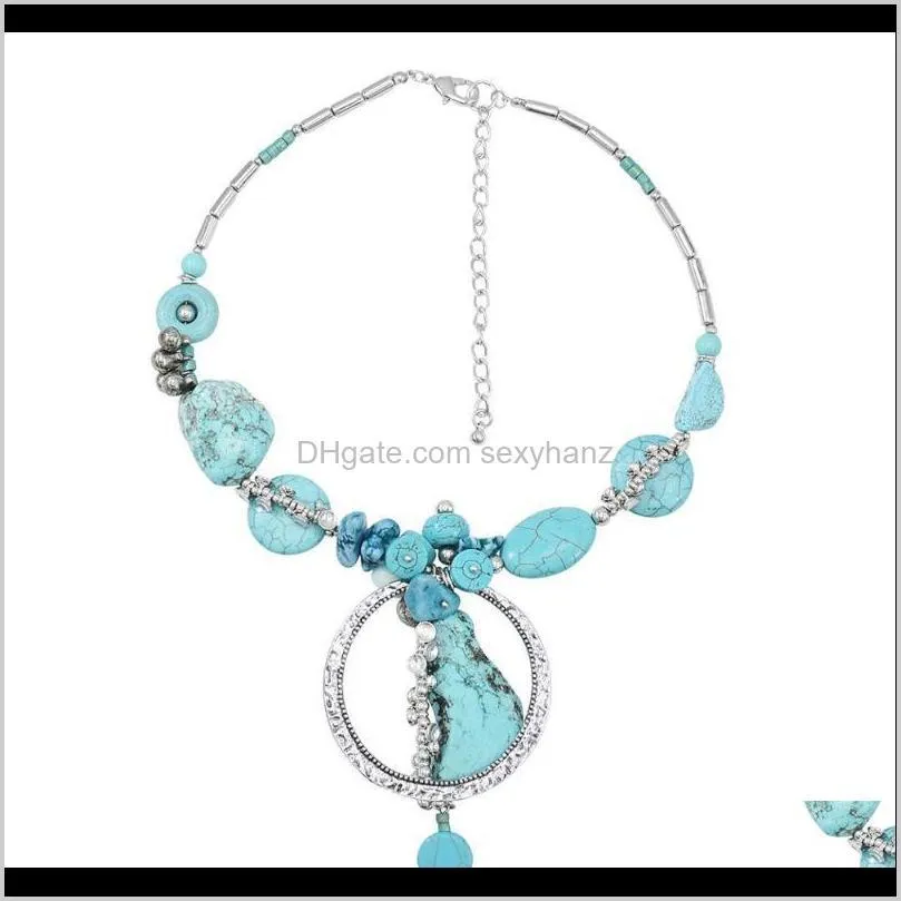 women blue stone pendant necklaces turquoises chain choker necklace classic chic bohemian tribal jewelry gift bijoux wholesale