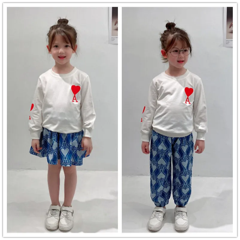 fall kids princess skirt clothing sets sweet 2021 girls Love heart embroidered outfits children long sleeve sweatershirt + printed skirt/trouers 2pcs suits S1850