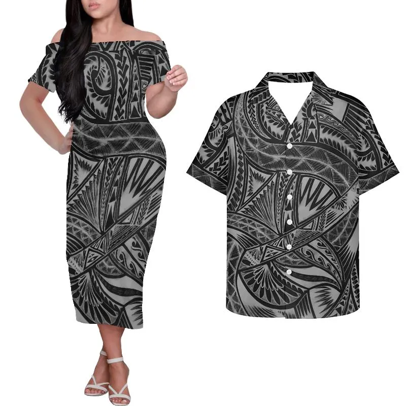 Robes décontractées Hycool Polynésien Argent Tribal pour Femmes Tatouages ​​de Fête Imprimer Plus Taille Couple Vêtements Samoan Robe Correspondant Hommes Chemises