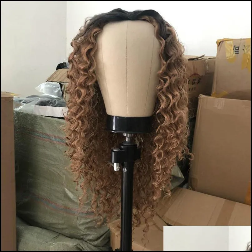 Synthetic Wigs Wig Women`s Long Curly Hair African Small Curl Dyed Black Gradual Brown Fiber Headcover