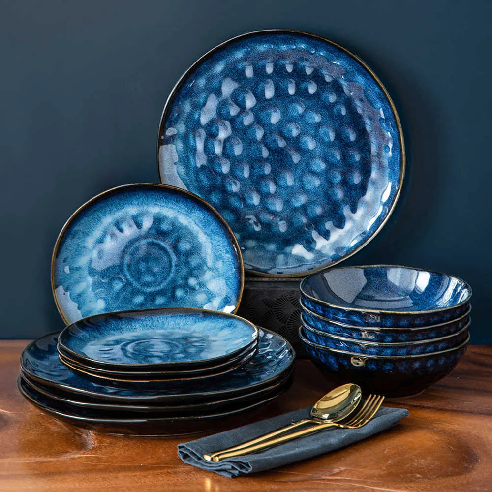 VANCASSO Starry 12/24/36-Piece Dinner Set Vintage Look Ceramic Blue Stoare Tableware Set with Dinner Plate,Dessert Plate,Bowl 210706