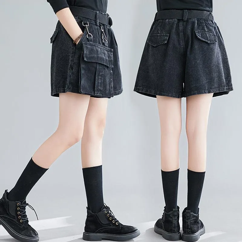 Sonbahar Kış Koreli Yüksek Bel Yaması Büyük Pocket Denim Şort 2021 Kadınlar Vintage Kalın Geniş Bacak Kısa Feminino Jeans F2868 Kadınlar