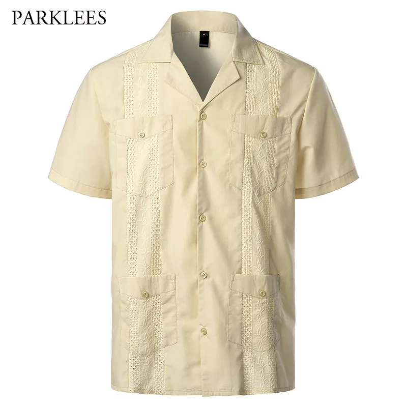 Embroidery Floral Solid Summer Mens Shirt Casual Lapel Button Short Sleeve Shirts for Men Cuban Camp Guayabera Chemise Homme 2XL 210524
