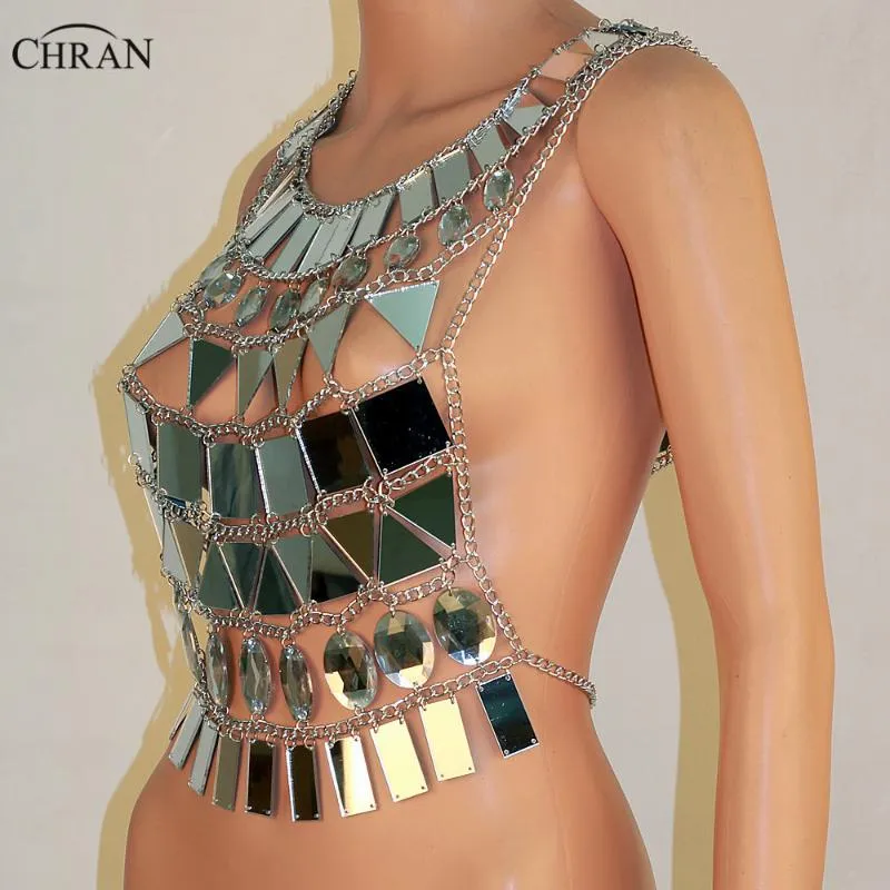 Chran Spiegel Perspex Crop Top Maliënkolder Beha Halter Ketting Body Lingerie Metallic Bikini Sieraden Burning Man EDM Accessoires Cha304u