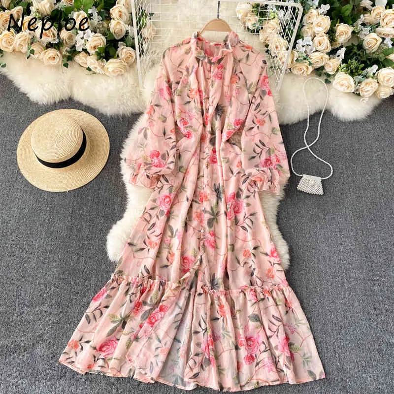 Neploe Bohemian Holiday Dress Long Dress Mulheres Collar Manga Longa Pullover Vestidos High Cintura Cintura Imprimir Uma Linha Robe Feminino 210423