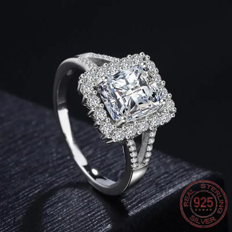 Fine Princess Cut 925 Silver 8 * 10mm Zircon CZ Anillos de boda de lujo para mujeres Joyería de fiesta de declaración nupcial J-084