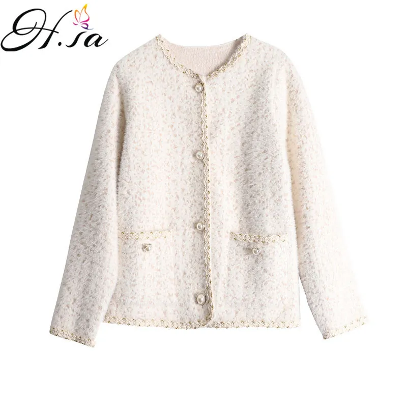 H.SA Inverno Elegante Maglione Cappotto Abbottonatura Donna Formale Cardigan in maglia Collo in pizzo Maglieria casual Perla Perline Retro Top 210417