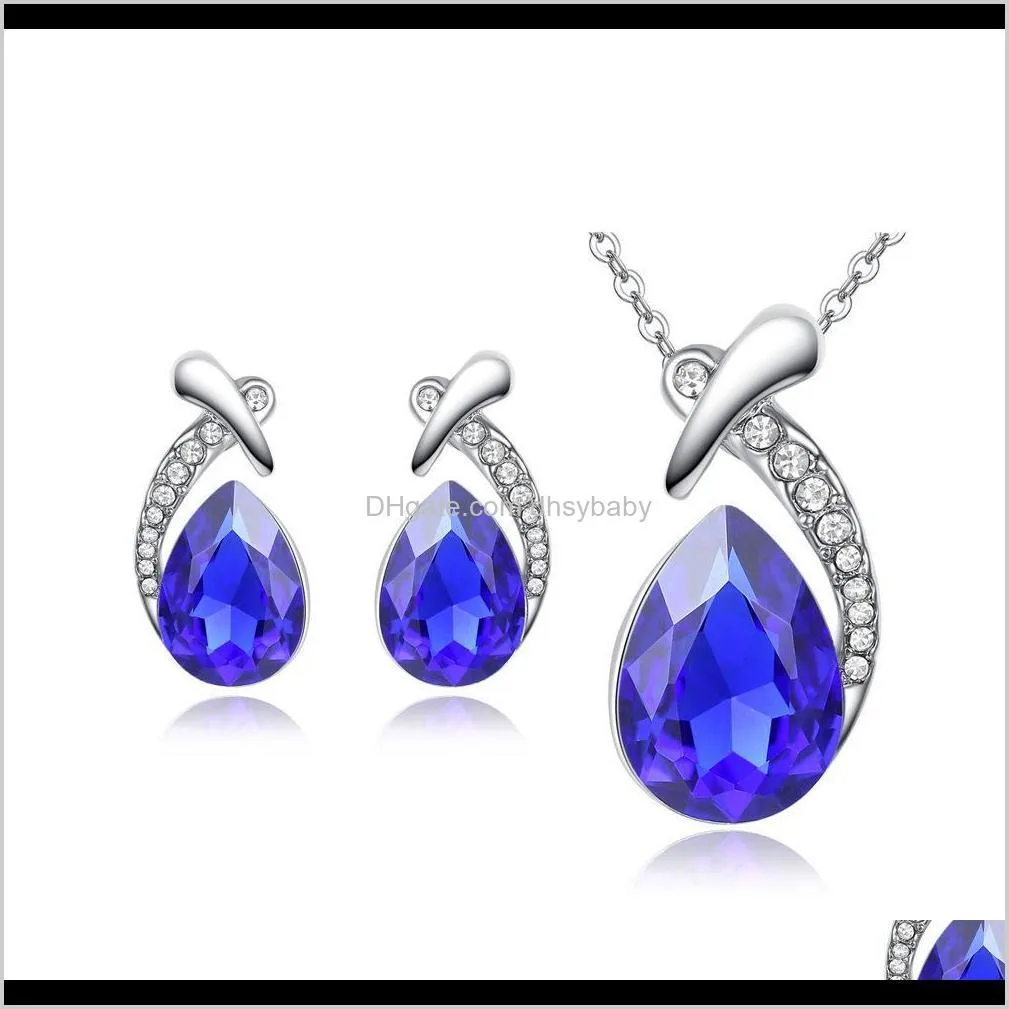 fashion earrings necklace chain set white gold platinum plated women silver water drop jewelry sets austria crystal charms gifts for