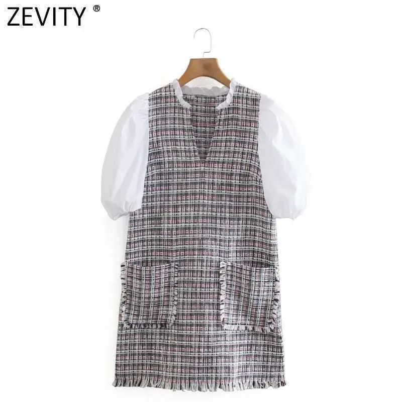 Zevity mujeres vintage puff manga patchwork tweed lana recto mini vestido femenino chic borla bolsillo parche retro vestido DS8134 210603