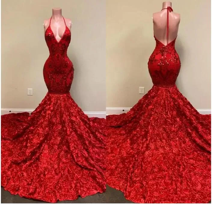 2022 Sexy Backless Red Evening Dresses Halter Deep V Neck Lace Appliques Mermaid Prom Dress Rose Ruffles Special Occasion Party Gowns BC10882
