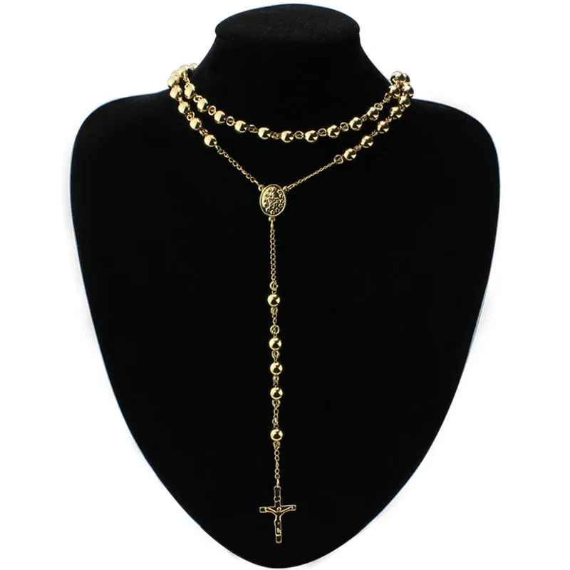 Guld 4mm/6mm/8mm rostfritt stål Långt radbandskedja Jesus Catholic Crucifix Halsband 28 ''+6 ''/30 ''+6 '' Välj