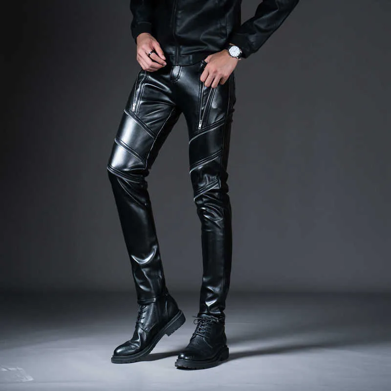 New Winter Spring Men's Skinny Leather Pants Fashion Faux Leather Trousers For Male Trouser Stage Club Wear Biker Pants X0721