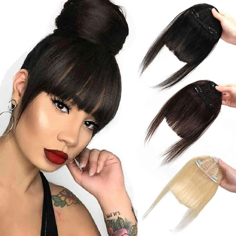 Natuurlijke Menselijke 3 Clips 3D Blunt Cut Overhead Bangs Clip in Hair Extensions Niet-Remy 2.5 "X4.5" 613 # 1B # 2 Bruin