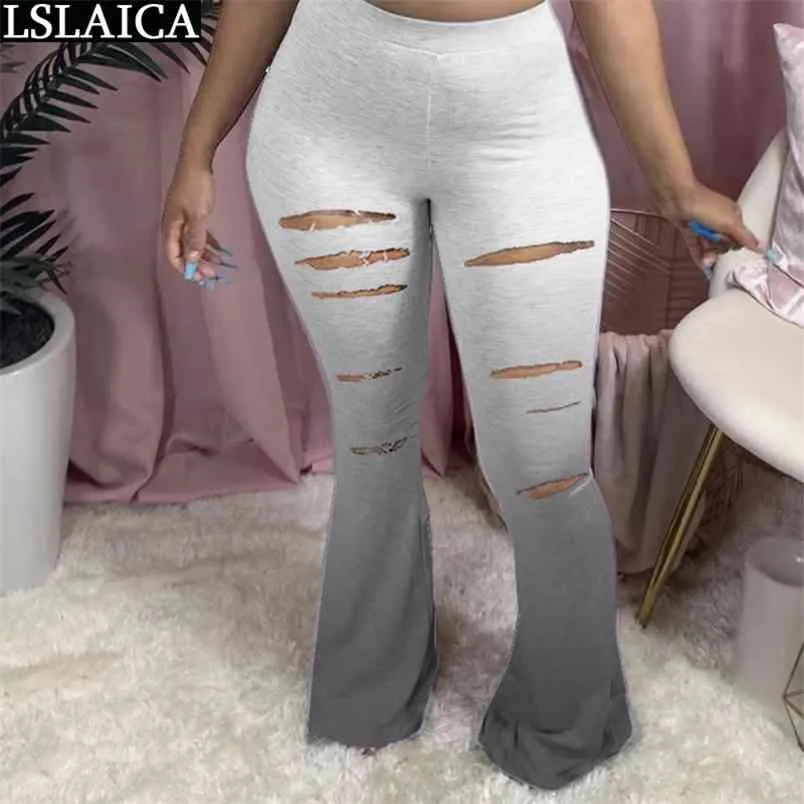 Seksi Pantolon Kadın Kravat Boya Baskı Delik Bayanlar Orta Bel Pantolon Streetwear Moda Flare Rahat Kadın Artı Boyutu 210515