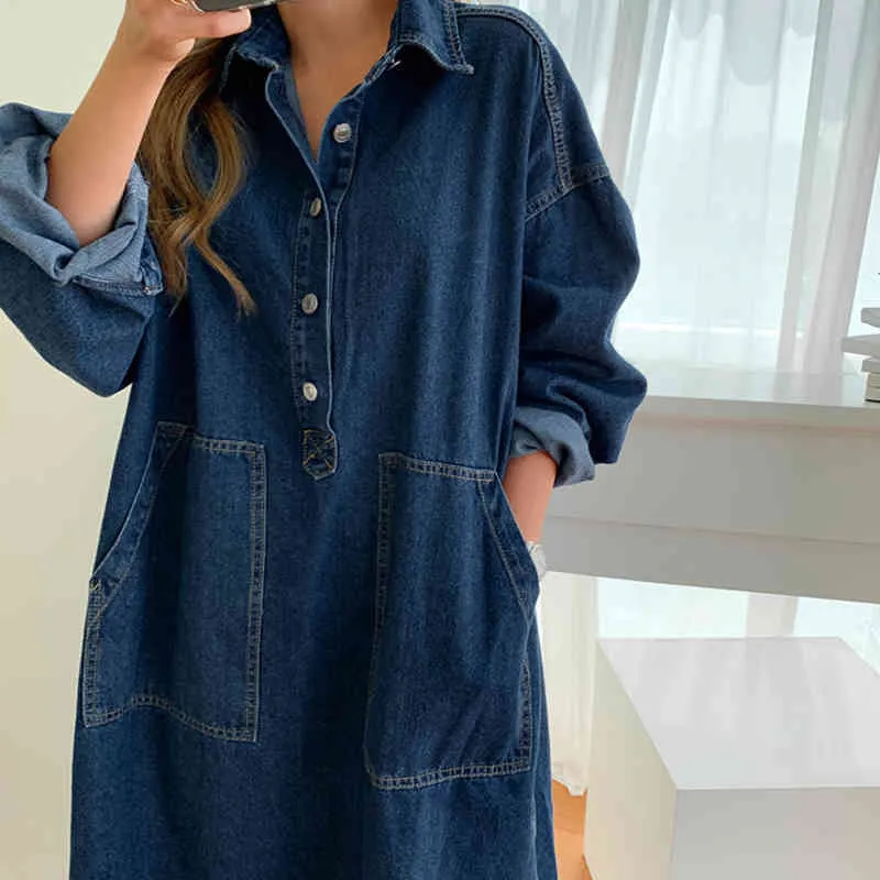 Robe en jean vêtements de printemps pour femmes manches longues col rabattu robes en jean décontracté ample femme Street Wear Denim Robe Robe X0521