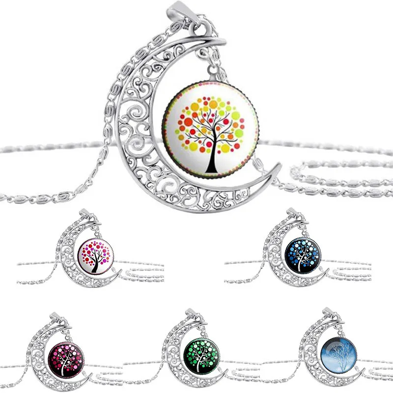 Moon Time Collier de pierres précieuses Chaîne Arbre de vie Verre cabochon Pendentif Colliers pour femmes enfants mode bijoux volonté et sable