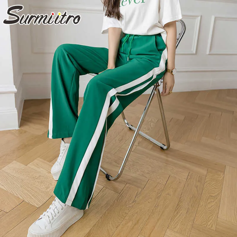 SURMIITRO verano largo ancho pierna pantalones plisados mujeres sueltas estilo coreano ins verde piso longitud pantalones de cintura alta mujer 210712