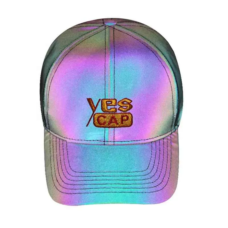 2021 new arrival fashion reflective hat custom baseball sports caps, christmas gift rainbow shiny reflective sport cap