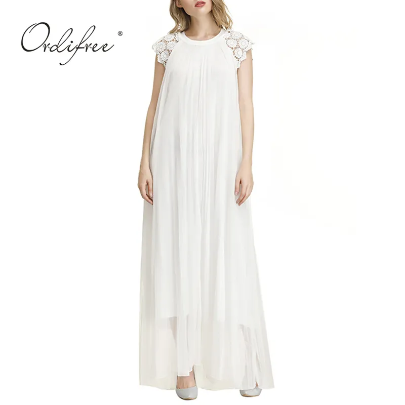 Sommar kvinnor vit lång kortärmad spets lös maxi klänning 210415