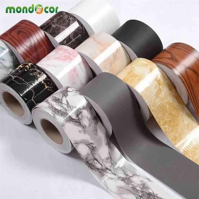 10M Waterproof Removable PVC Peel and Stick Wallpaper Border Waist Line Kitchen Floor Wall Border Sticker Marble Wood Home Decor 210615