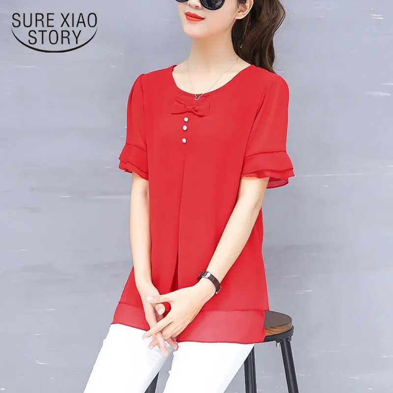 Shirts Plus Size 3XL 4XL Female Cute Bow Tops Summer Women Chiffon Blouse Short Sleeve Blouses O-neck 4832 50 210417