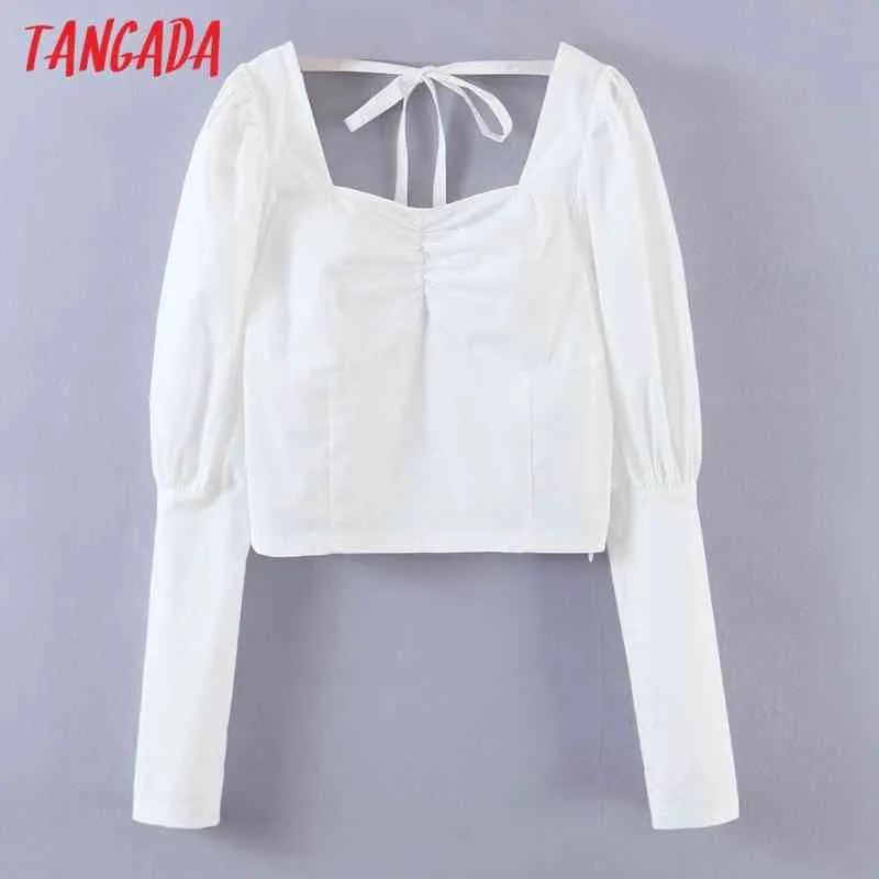 Dames Retro Witte Crop Square Collar Backless Bow Chic Vrouw Slanke Shirt Tops SL540 210416